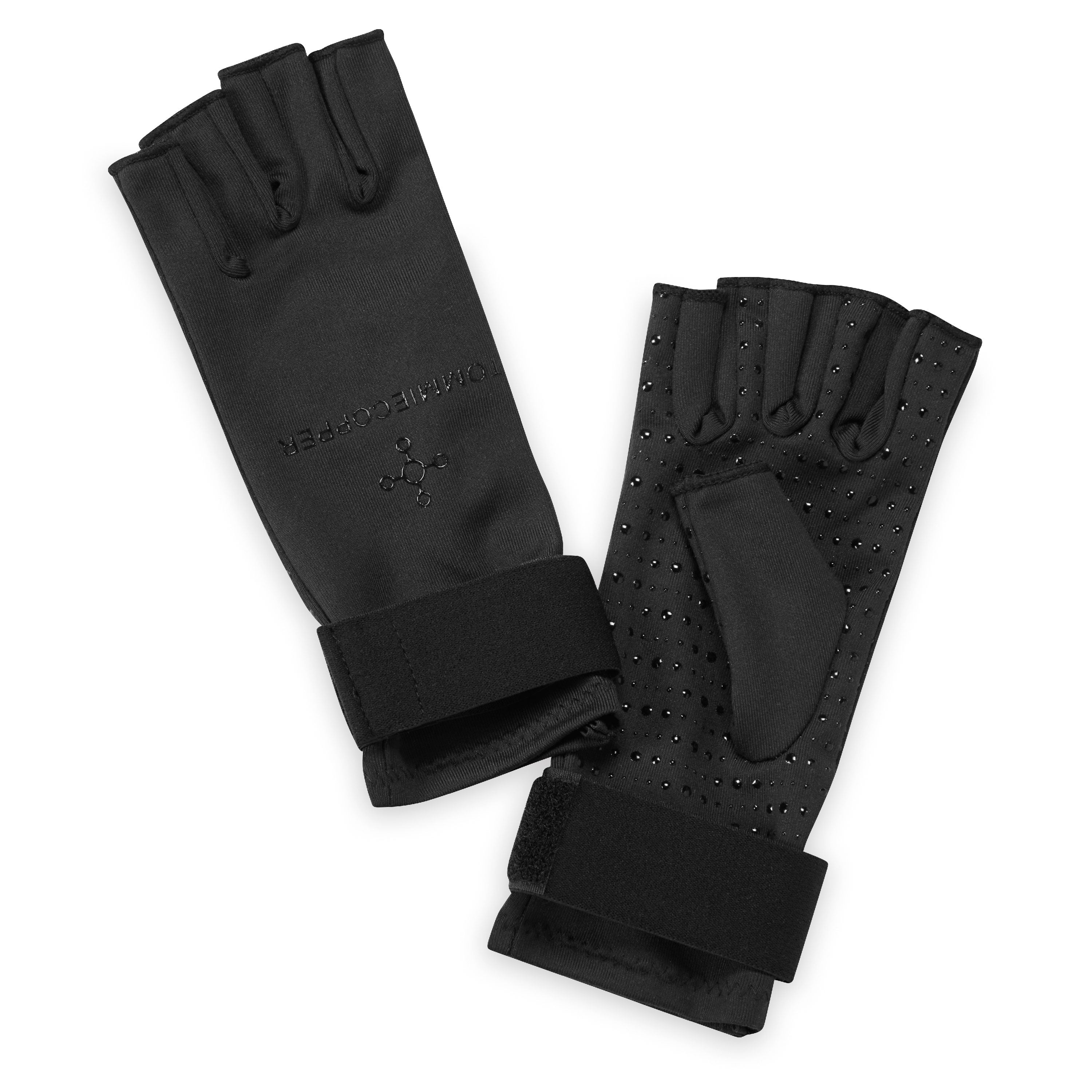 Pair of black gloves with cut-out design on a white background