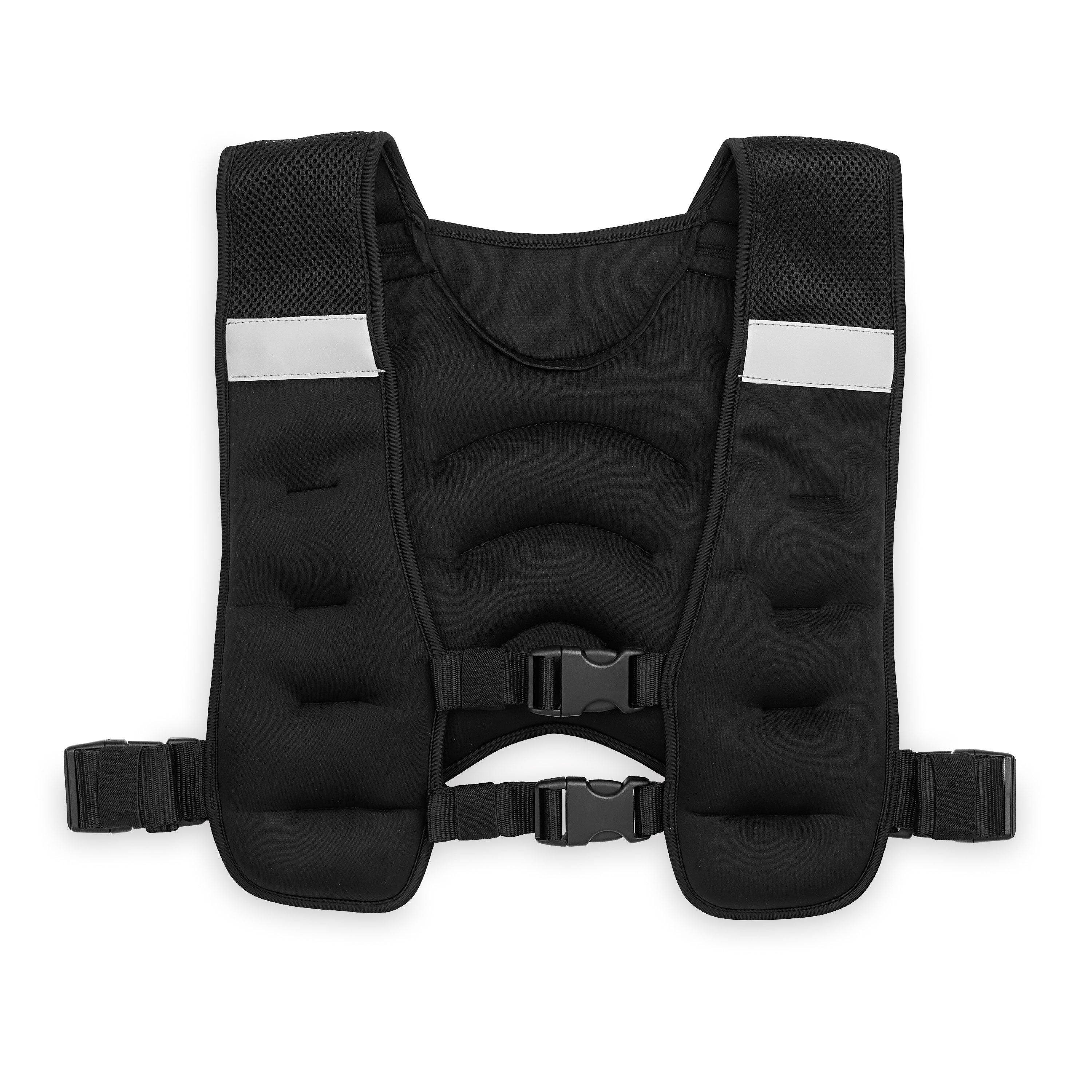 Black weight vest with reflective stripes on a white background