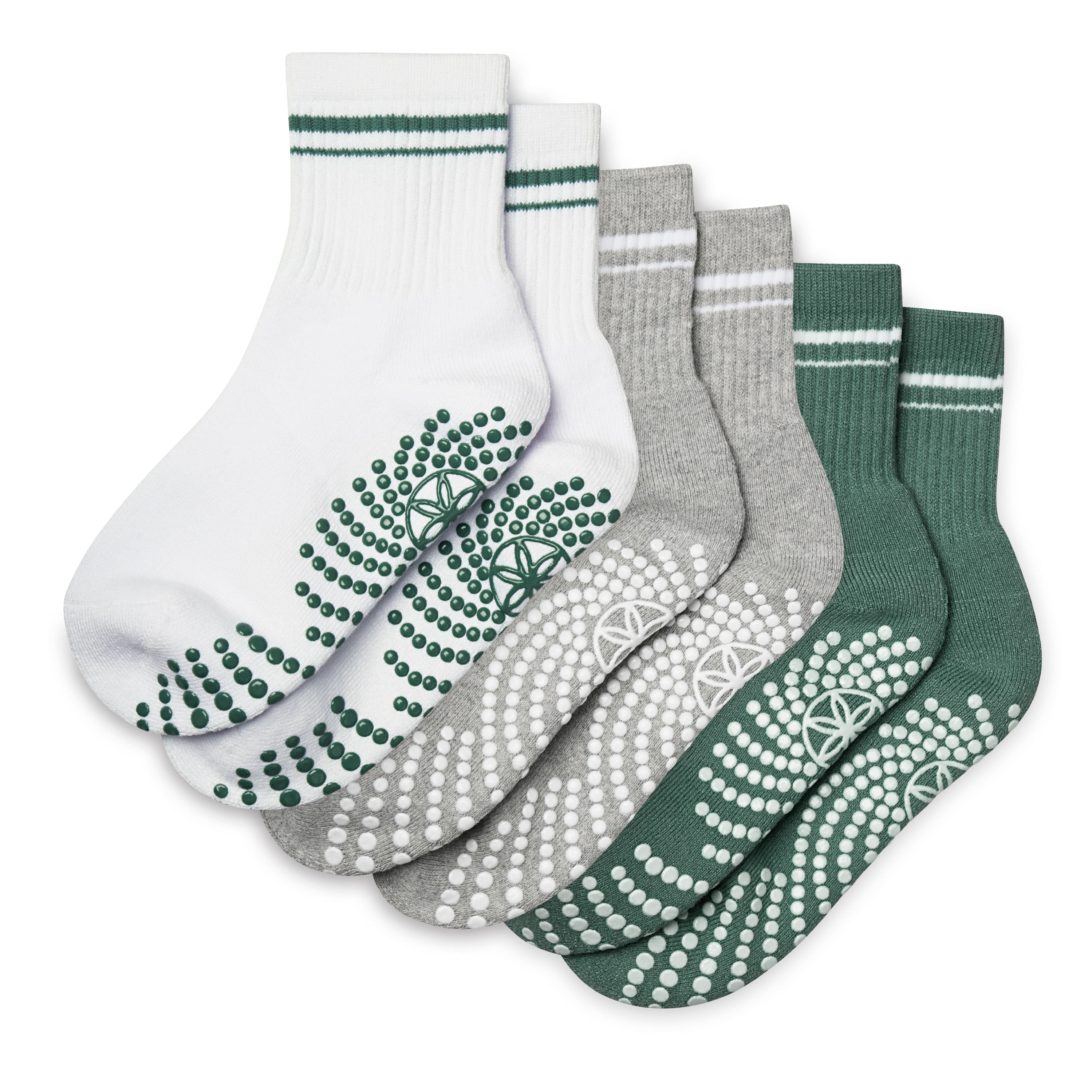 Set of five pairs of socks with unique patterns on a white background