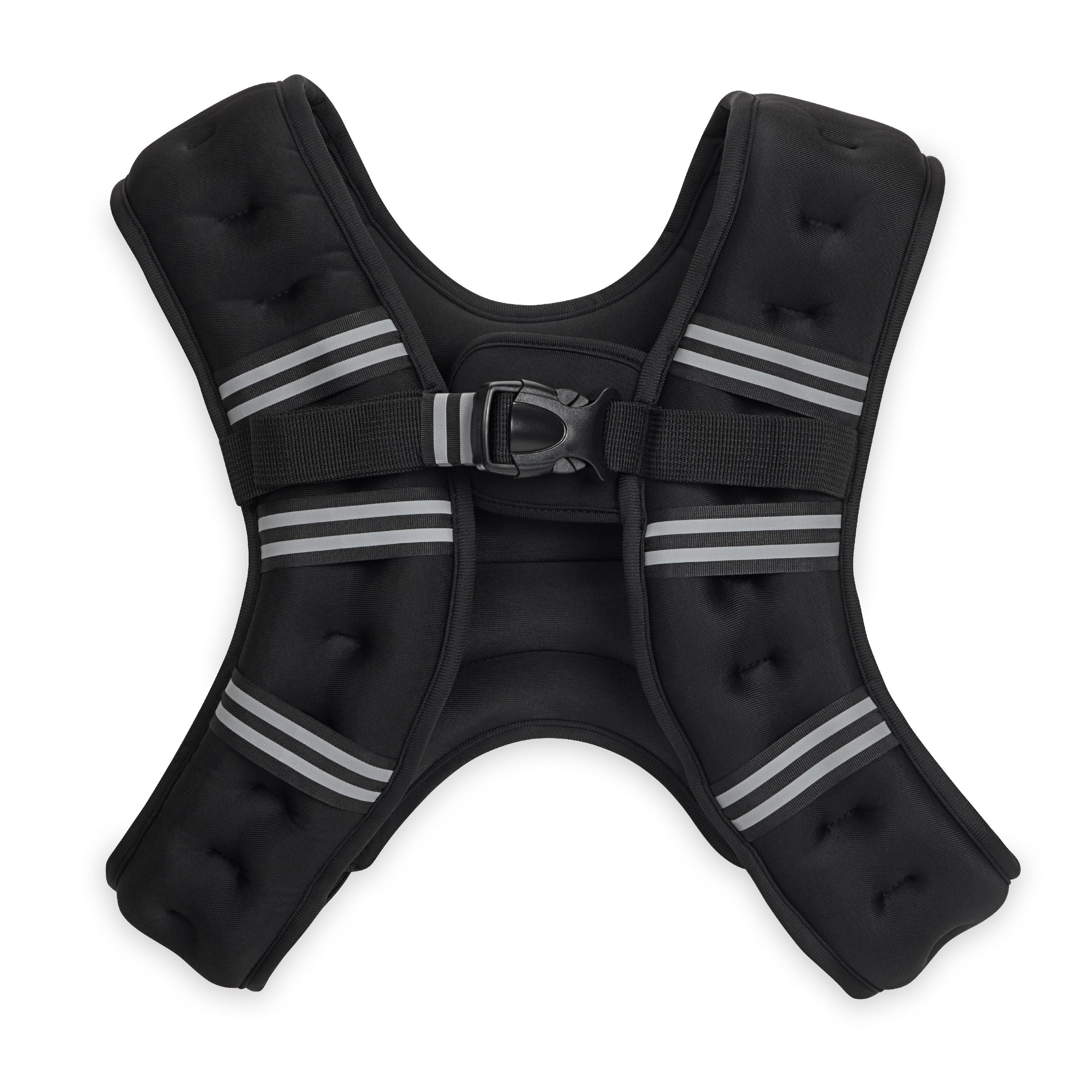 Black dog harness with reflective stripes on a white background