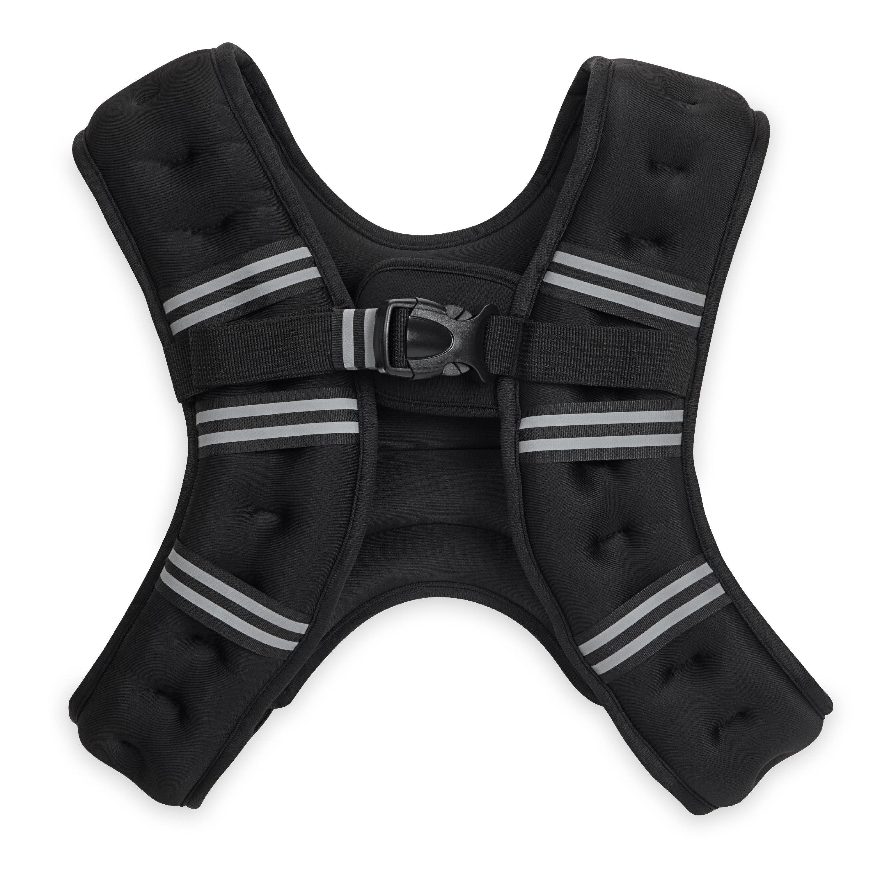 Black dog harness with reflective stripes on a white background