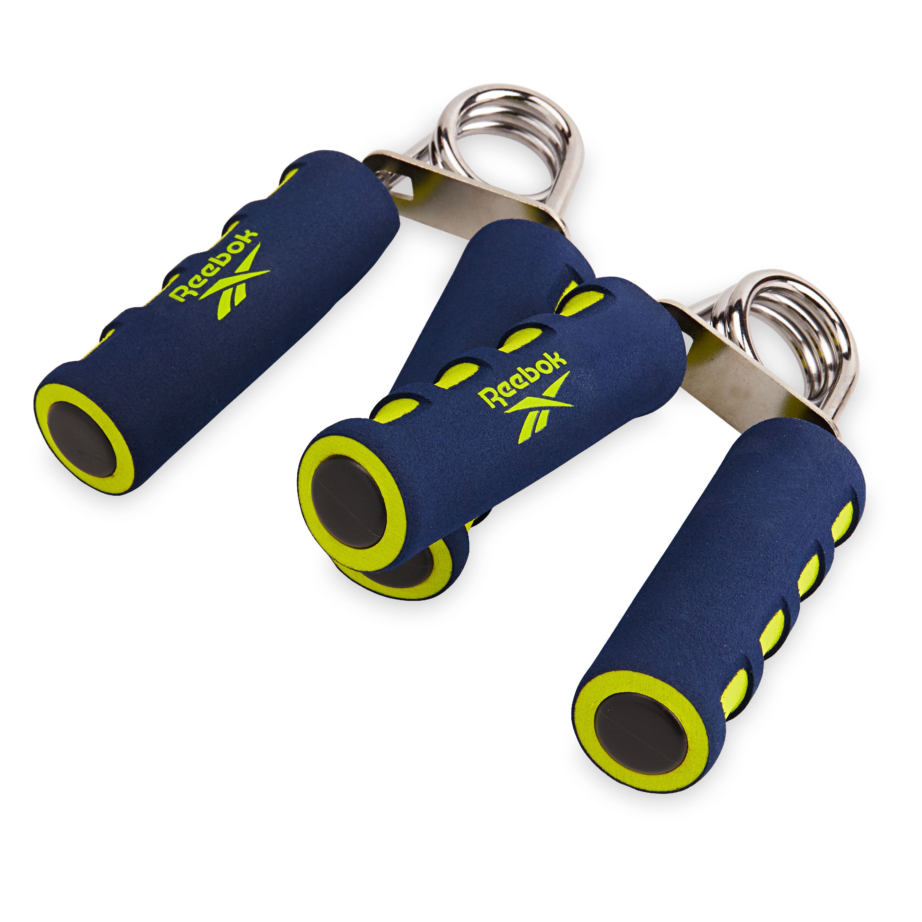 Pair of blue and yellow Reebok hand grips on a white background