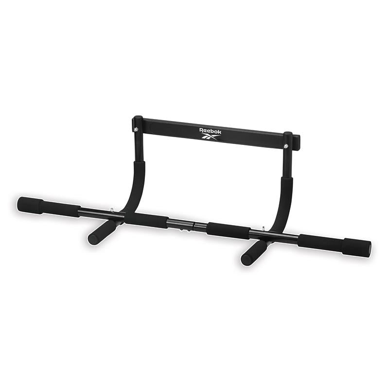 Black Reebok exercise bar on a white background