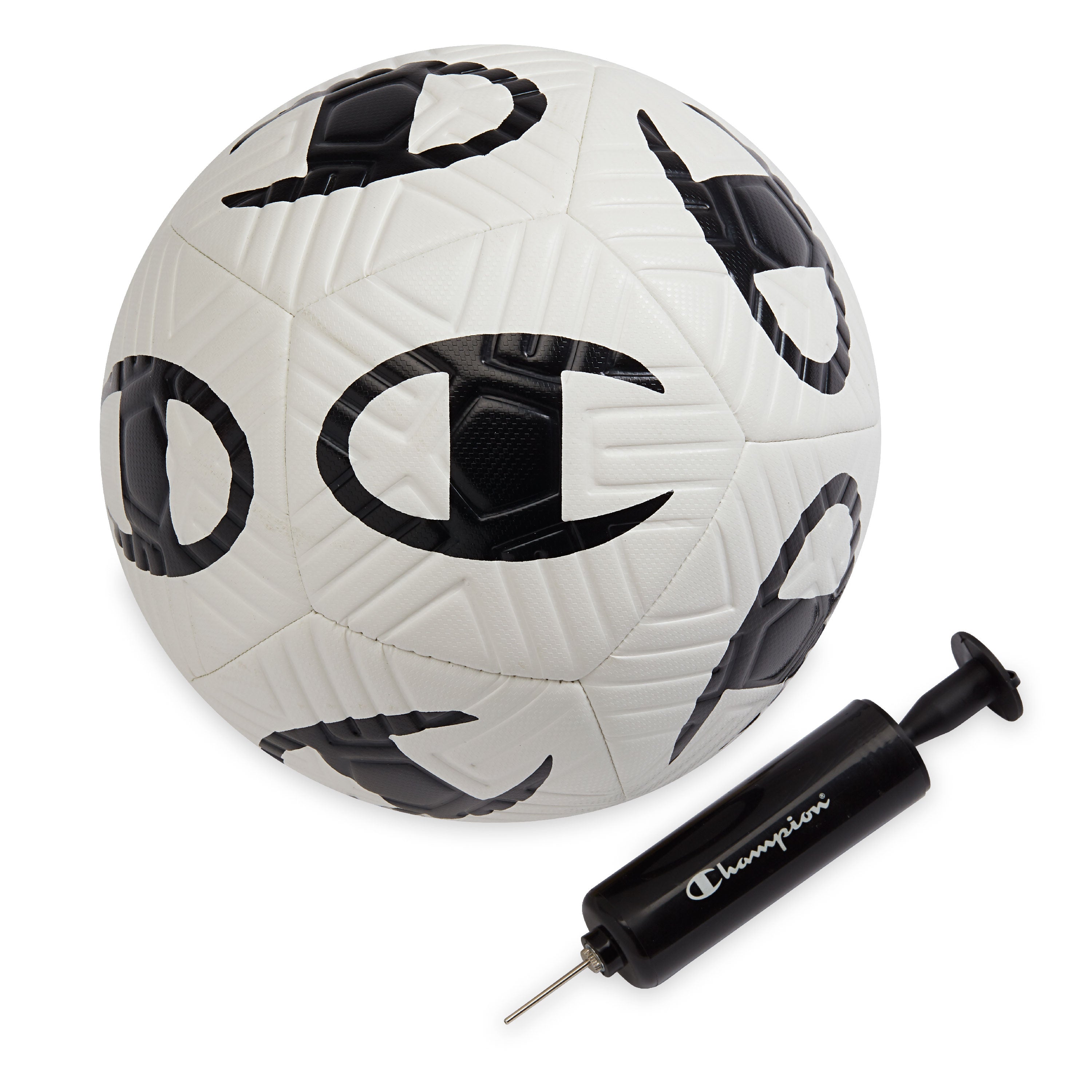 White soccer ball with black patterns and a black pump on a white background