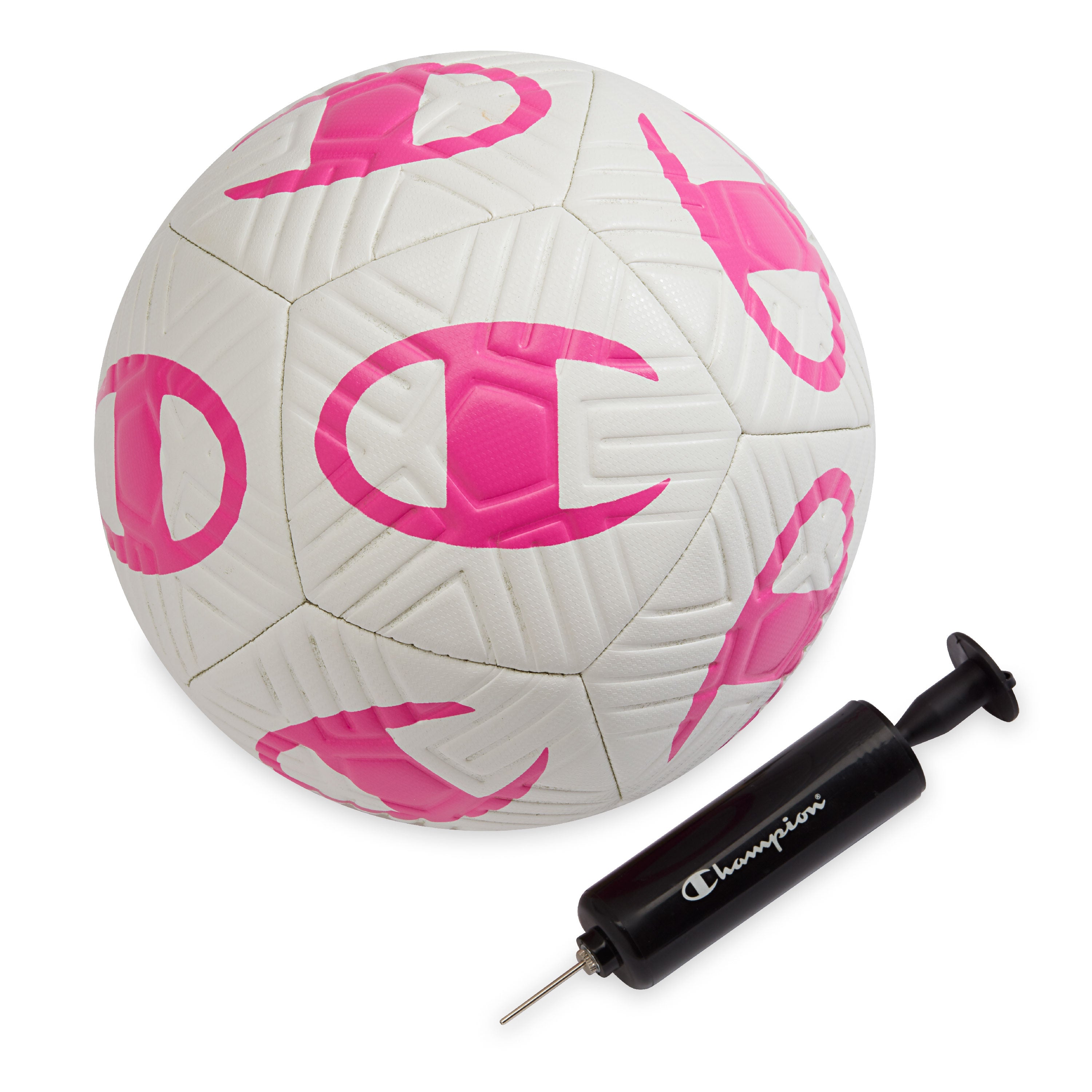 White soccer ball with pink logo and Champion pump on a white background