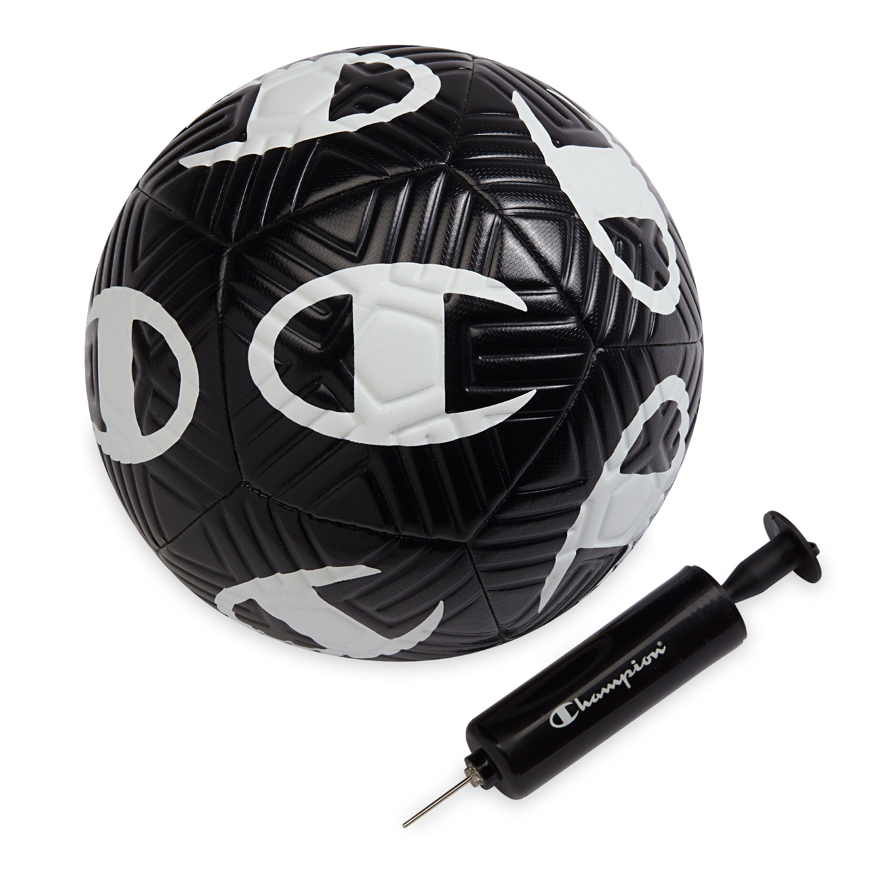 Black and white soccer ball with Champion branding and a black pump on a white background