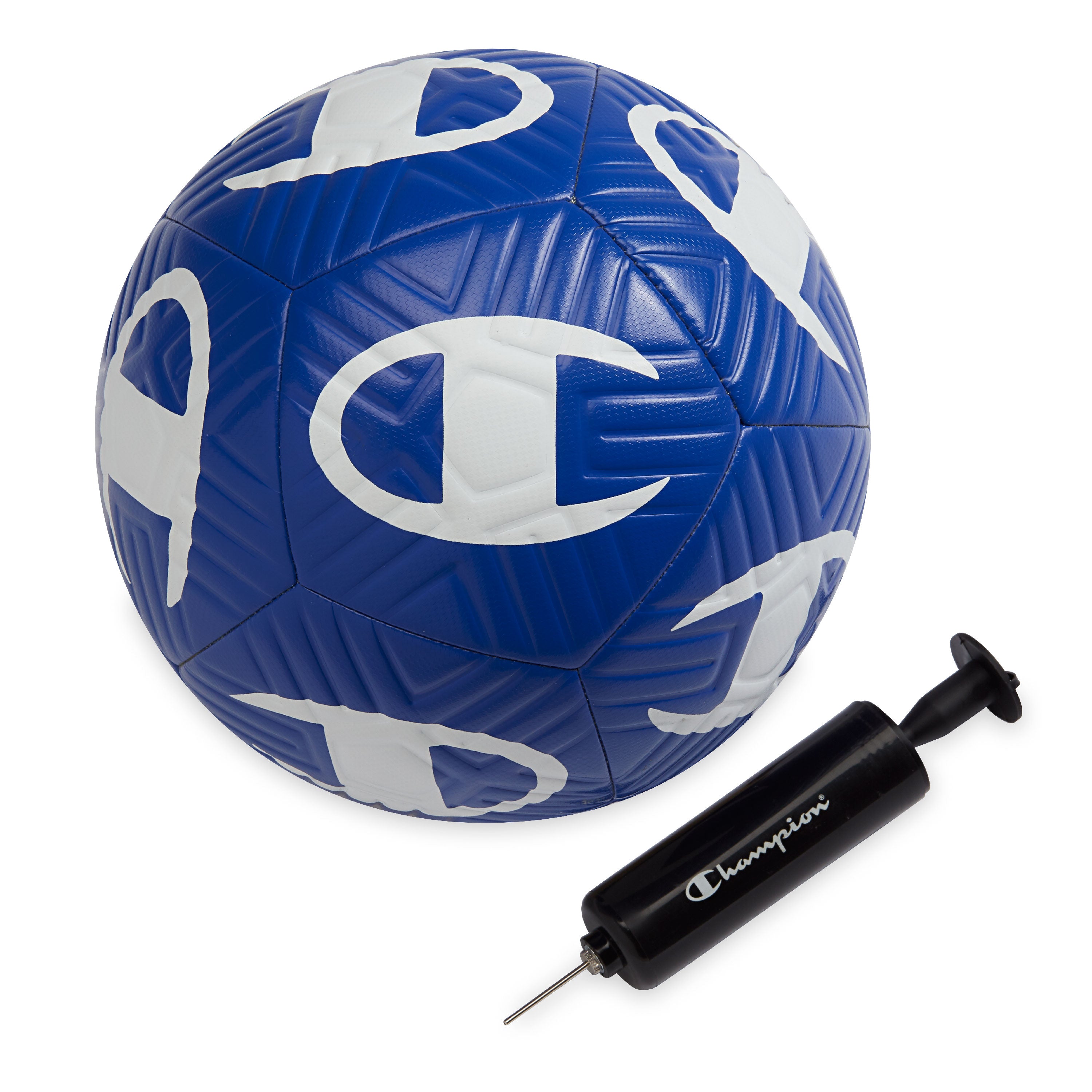Blue soccer ball with white logo and black pump on a white background