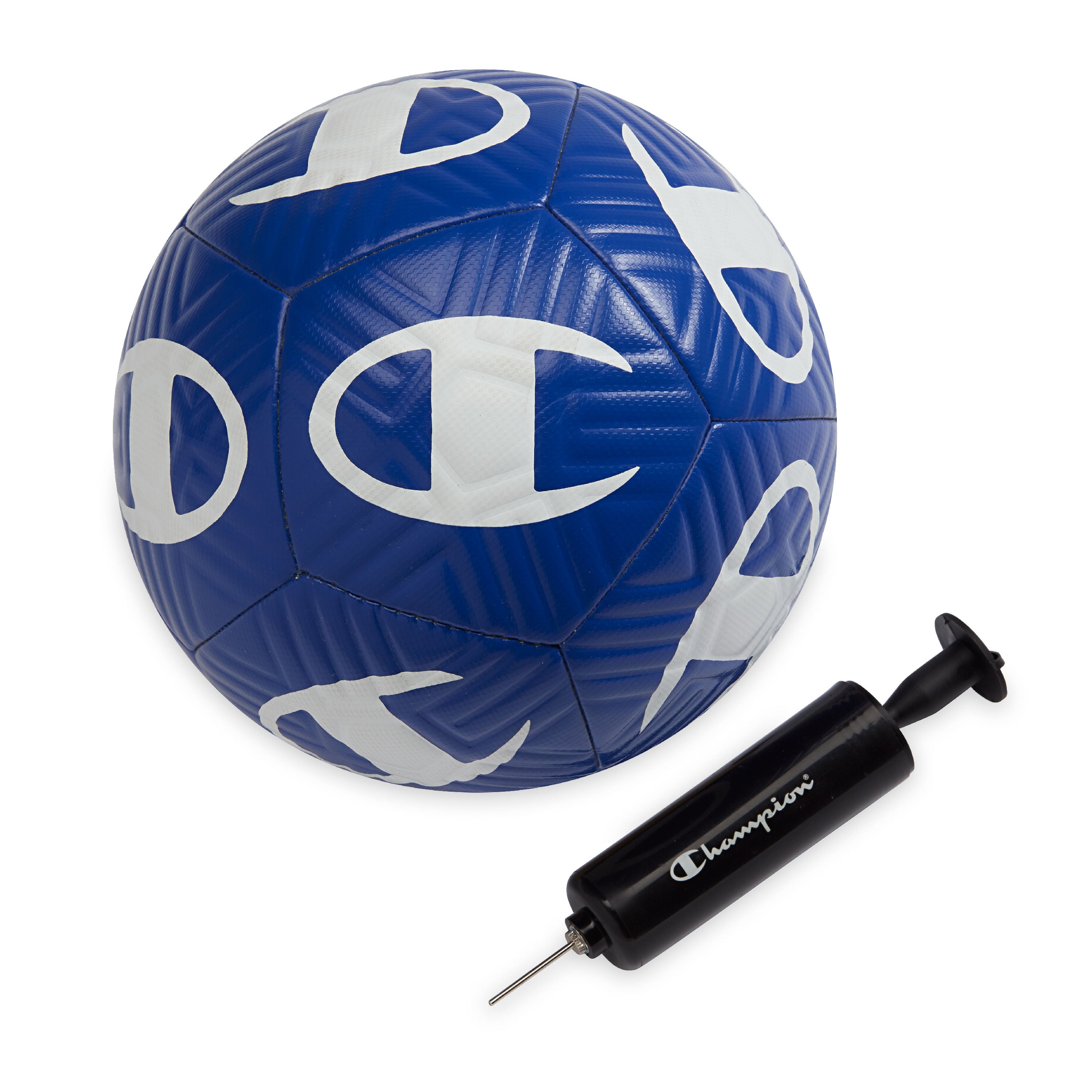 Blue soccer ball with white logo and black pump on a white background
