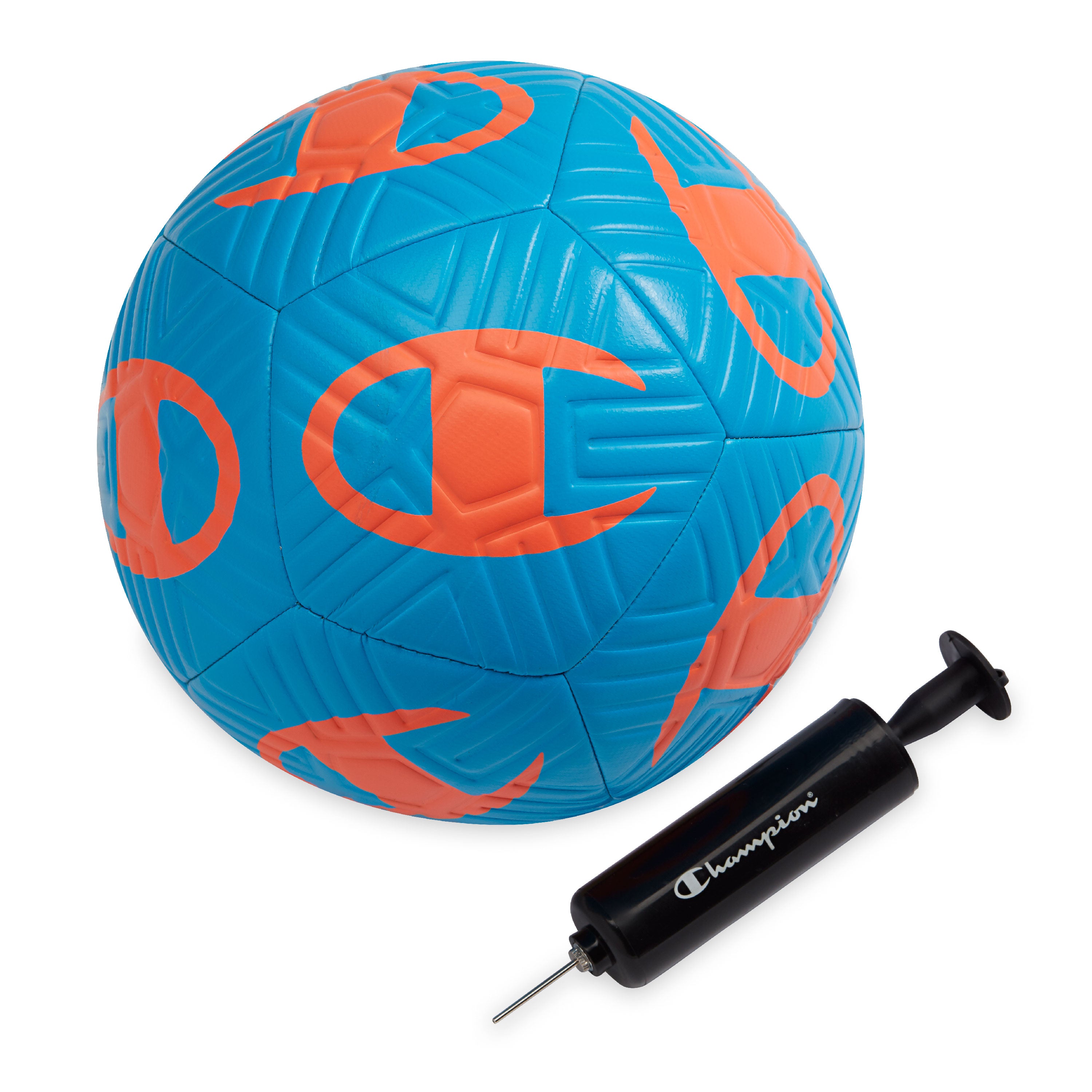 Blue soccer ball with orange logo and Champion pump on a white background