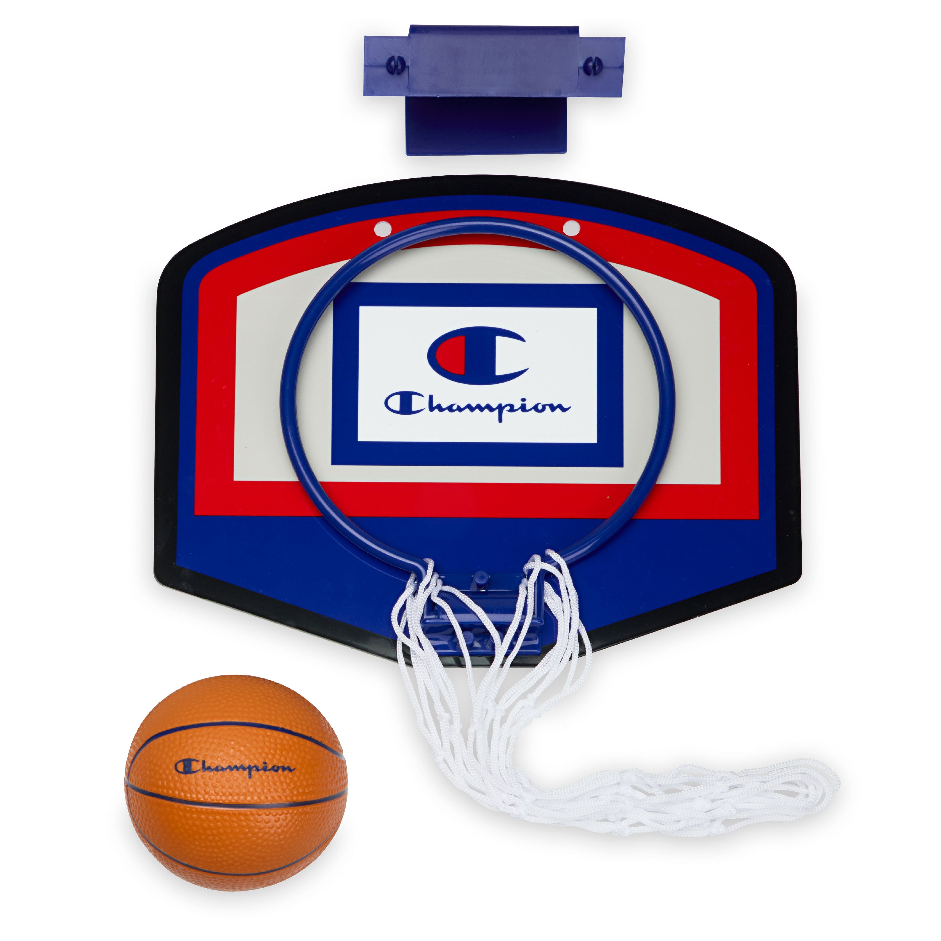 Mini basketball hoop set with ball featuring Champion logo on a white background