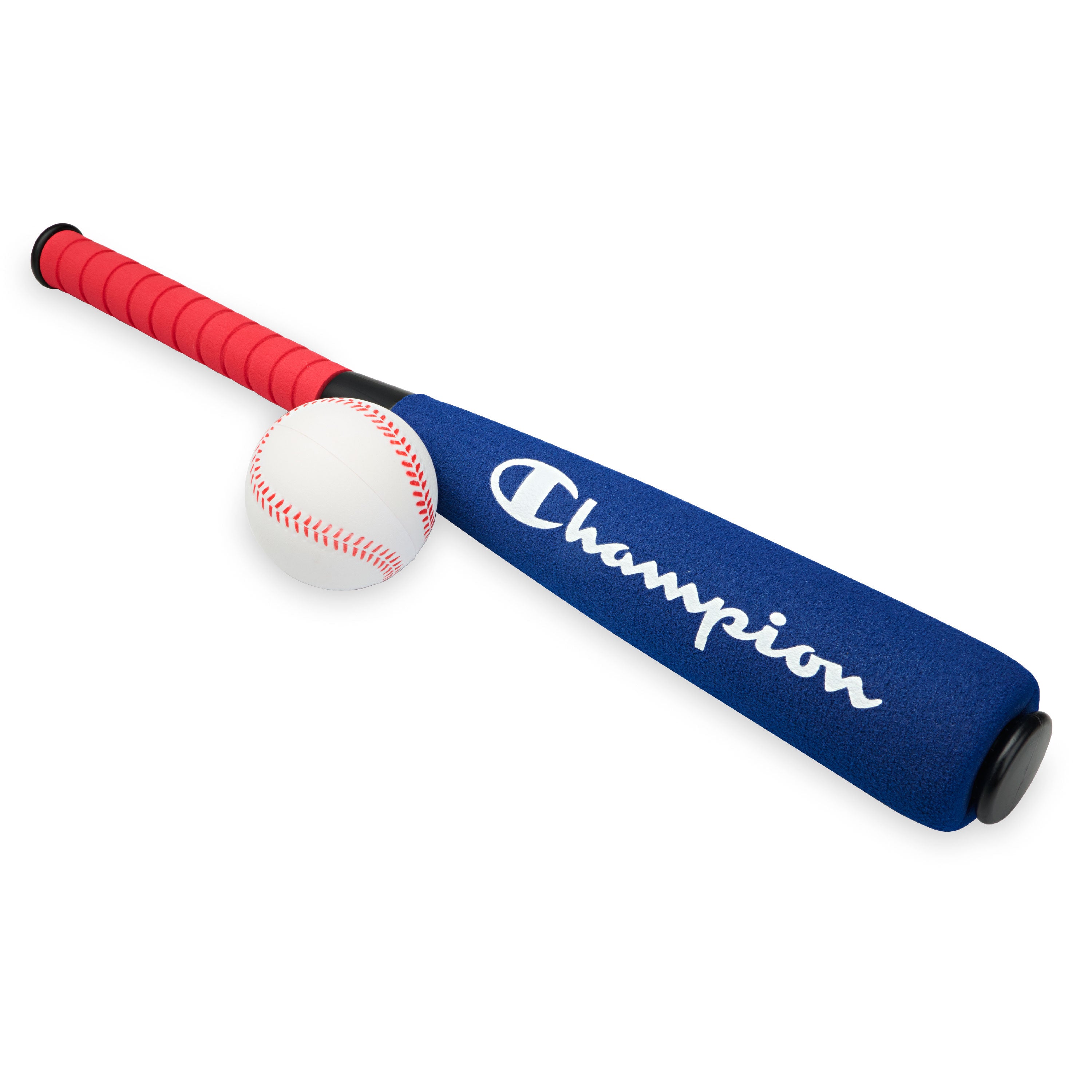 Blue and red baseball bat with a white ball on a white background, featuring the 'Champion' brand.