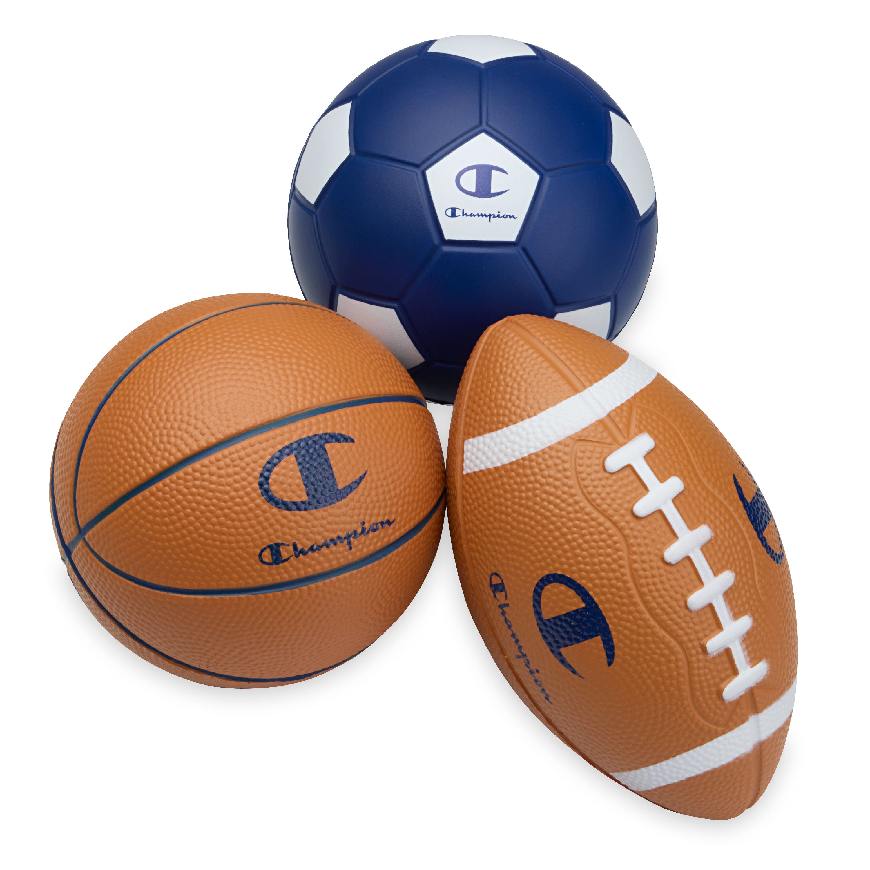 Three sports balls (soccer, basketball, football) with Champion logo on a white background