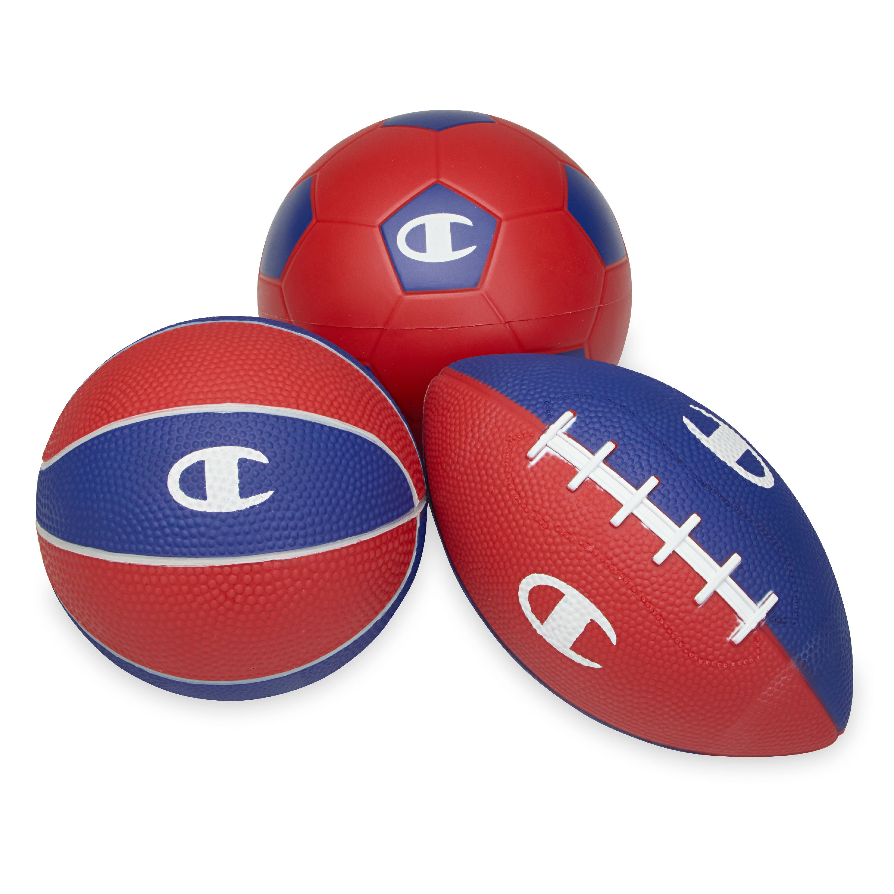 Three sports balls (soccer, basketball, football) with a visible brand logo on a white background