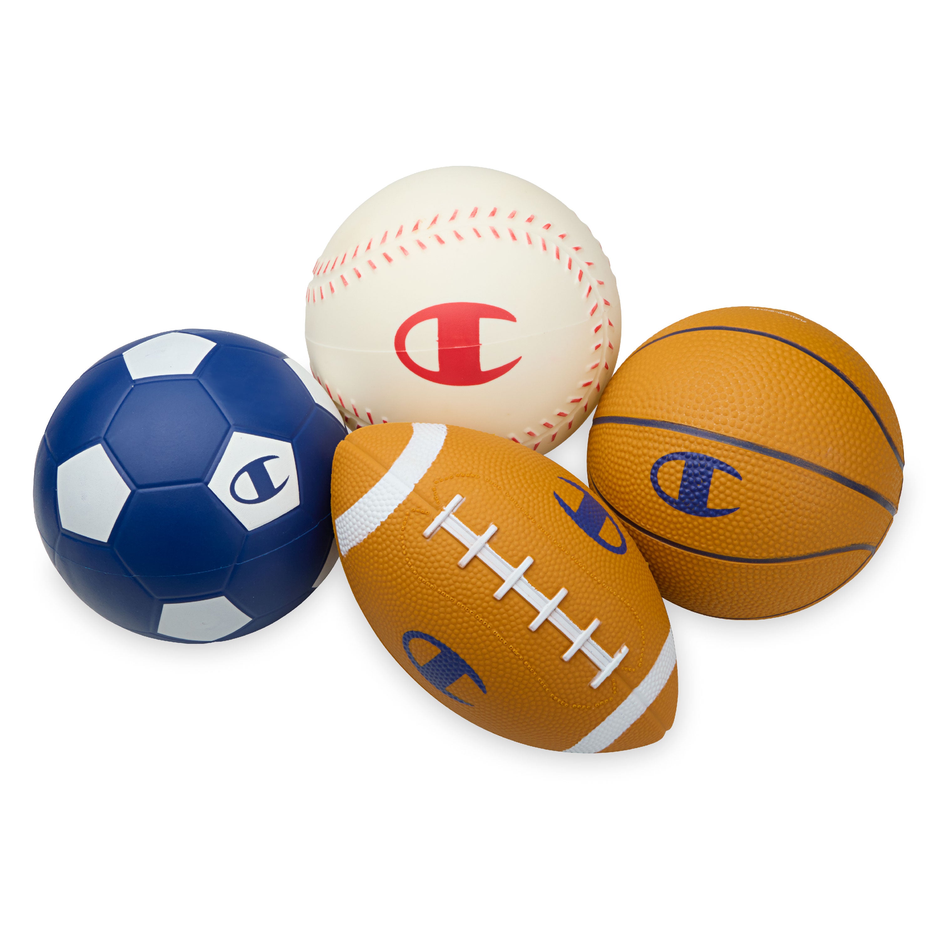 Four sports balls (soccer, baseball, football, basketball) with Champion logo on a white background