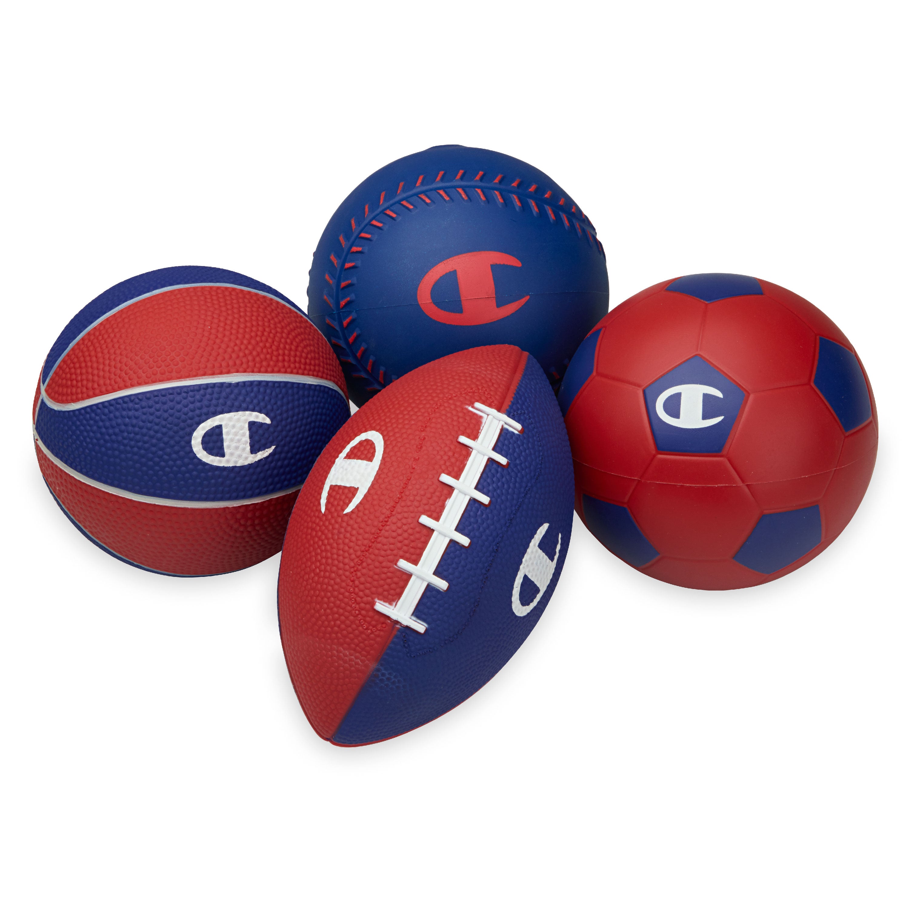 Four sports balls (basketball, soccer ball, football, baseball) with Champion logo on a white background