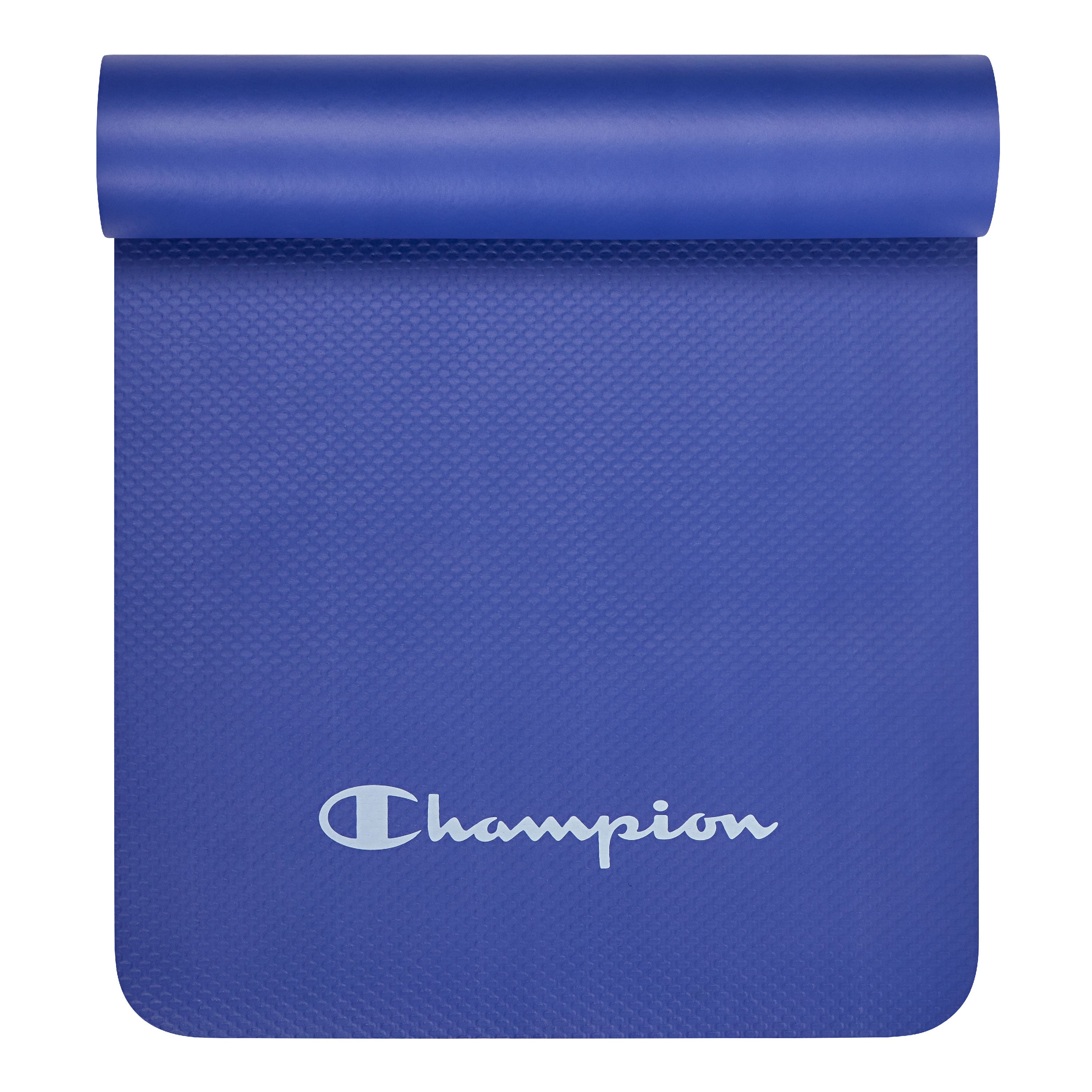 Blue yoga mat with Champion logo on a white background