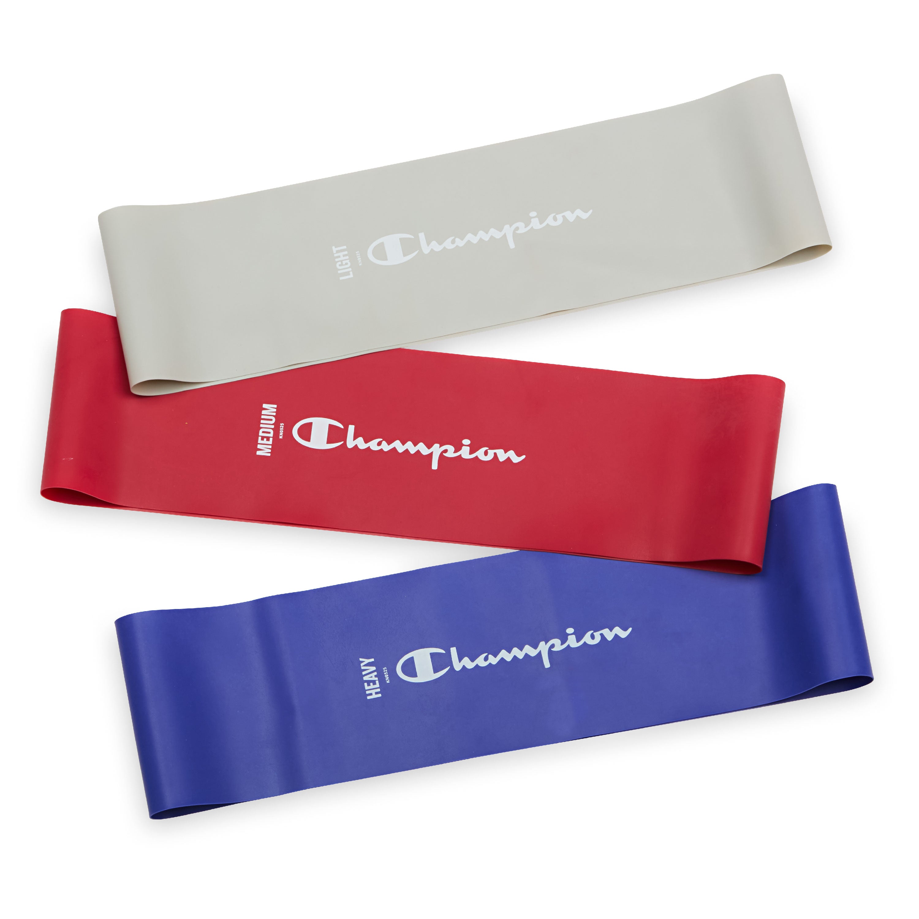 Three resistance bands in gray, red, and blue with Champion branding on a white background.