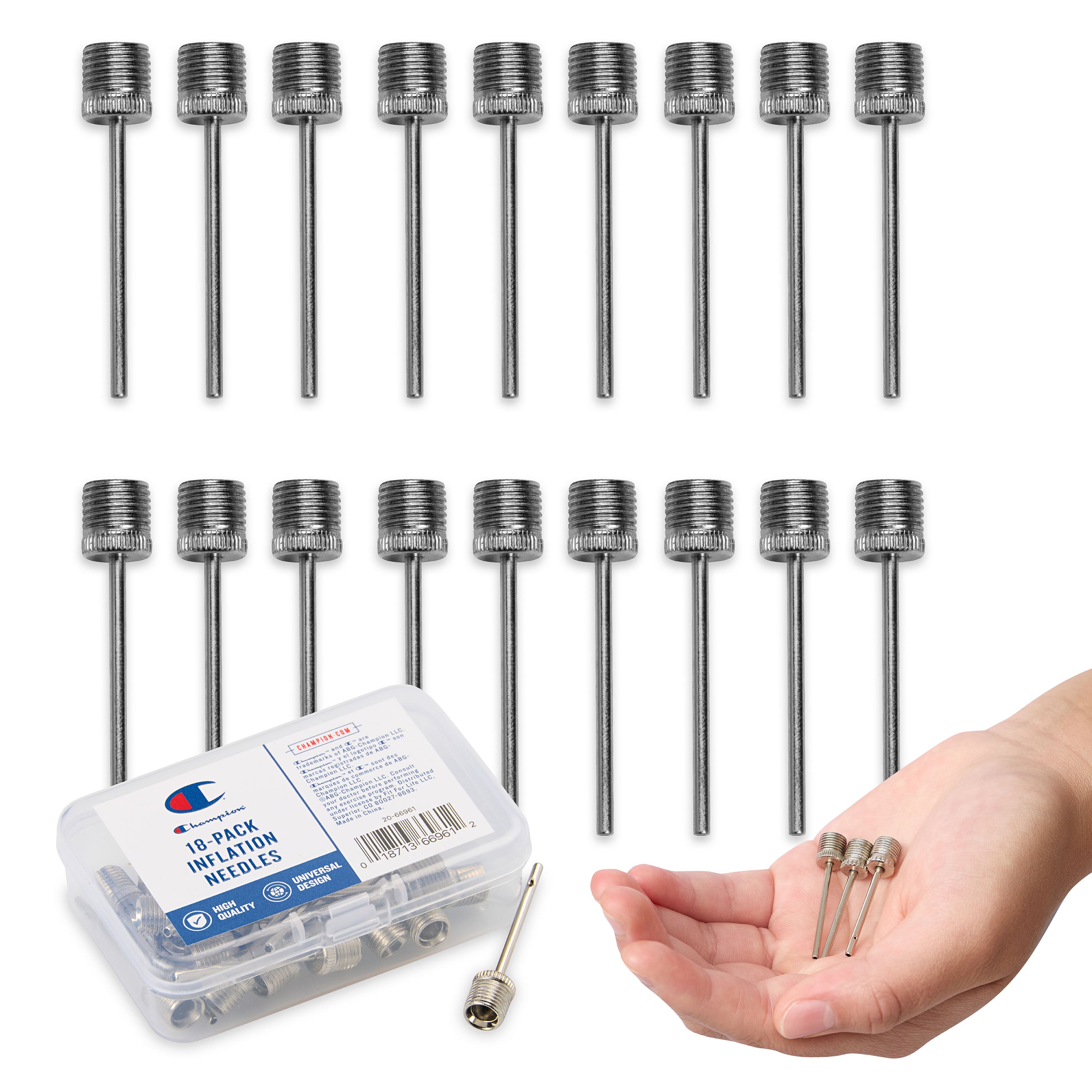 Set of 18 metal needles with a container labeled 'Champion' on a white background.