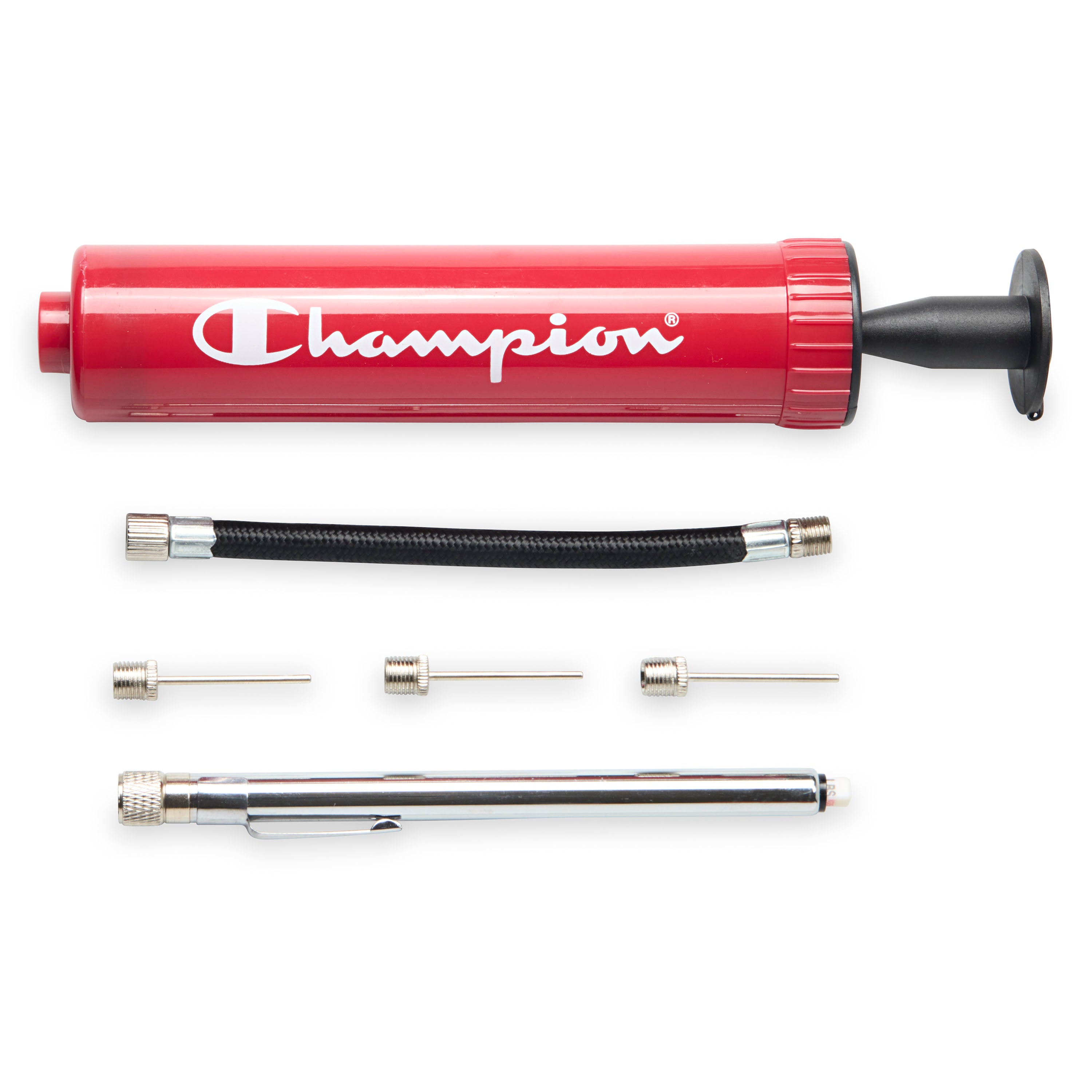 Red Champion air pump with interchangeable nozzles on a white background