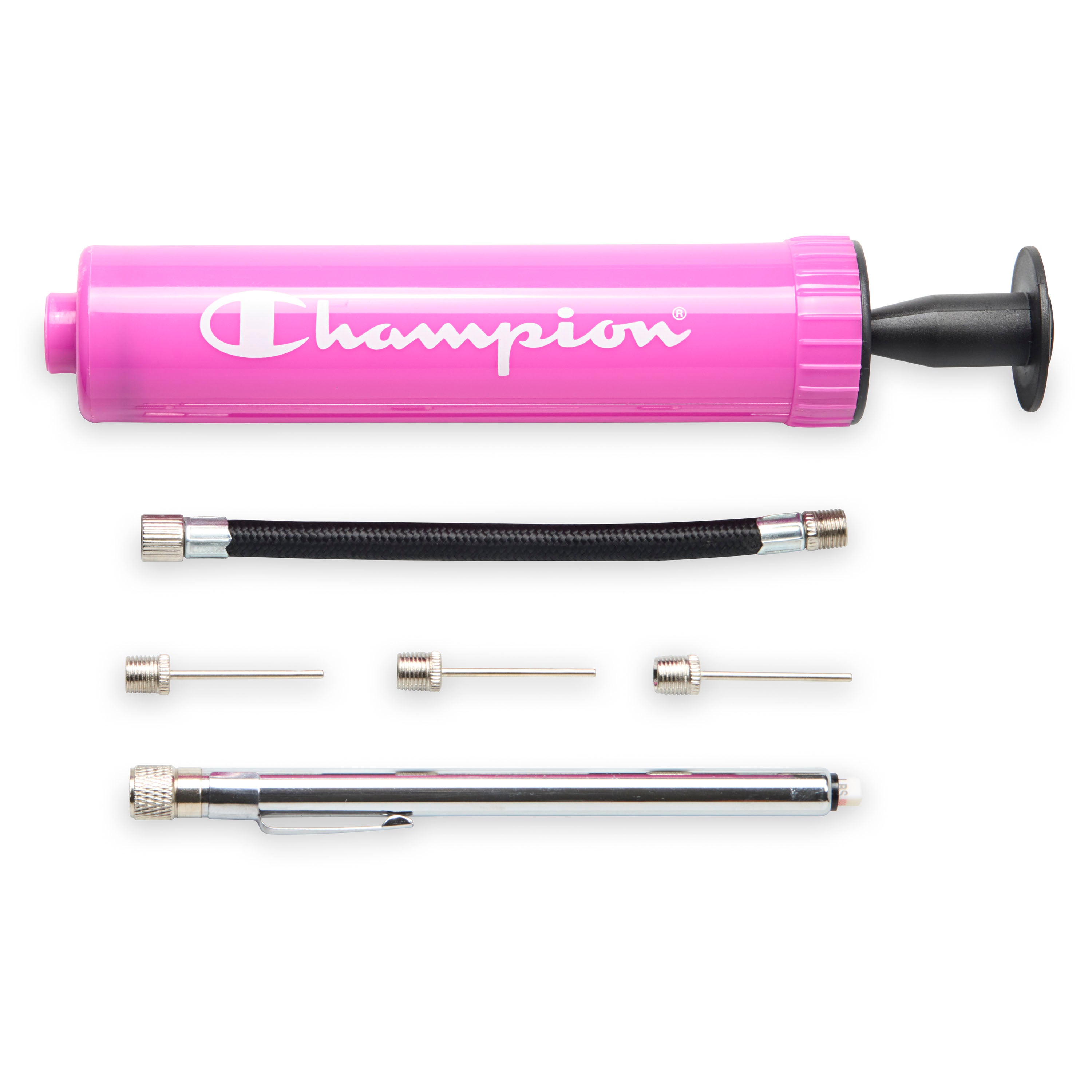 Pink Champion air pump with accessories on a white background