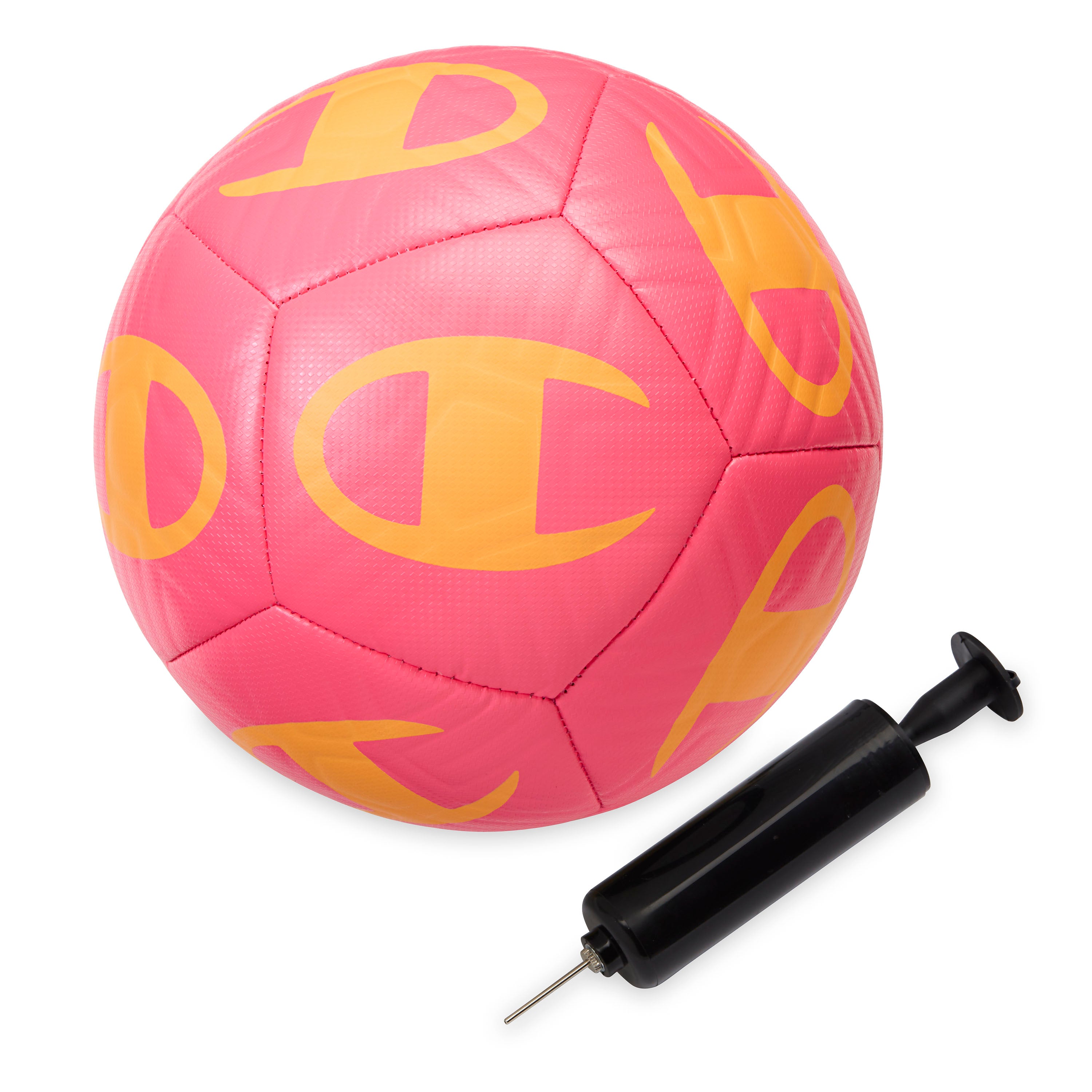 Pink soccer ball with yellow patterns and a black pump on a white background