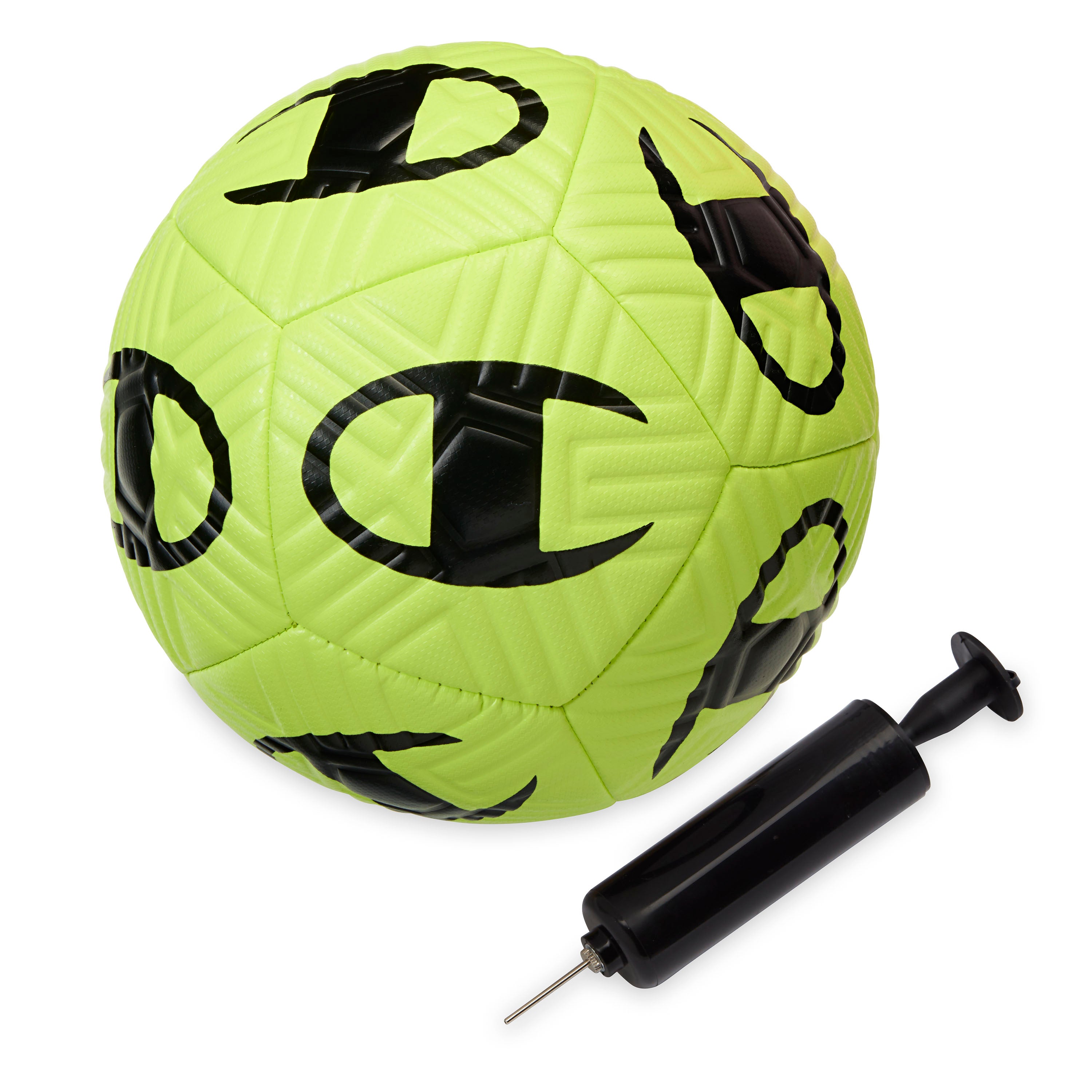 Yellow soccer ball with black patterns and a black pump on a white background